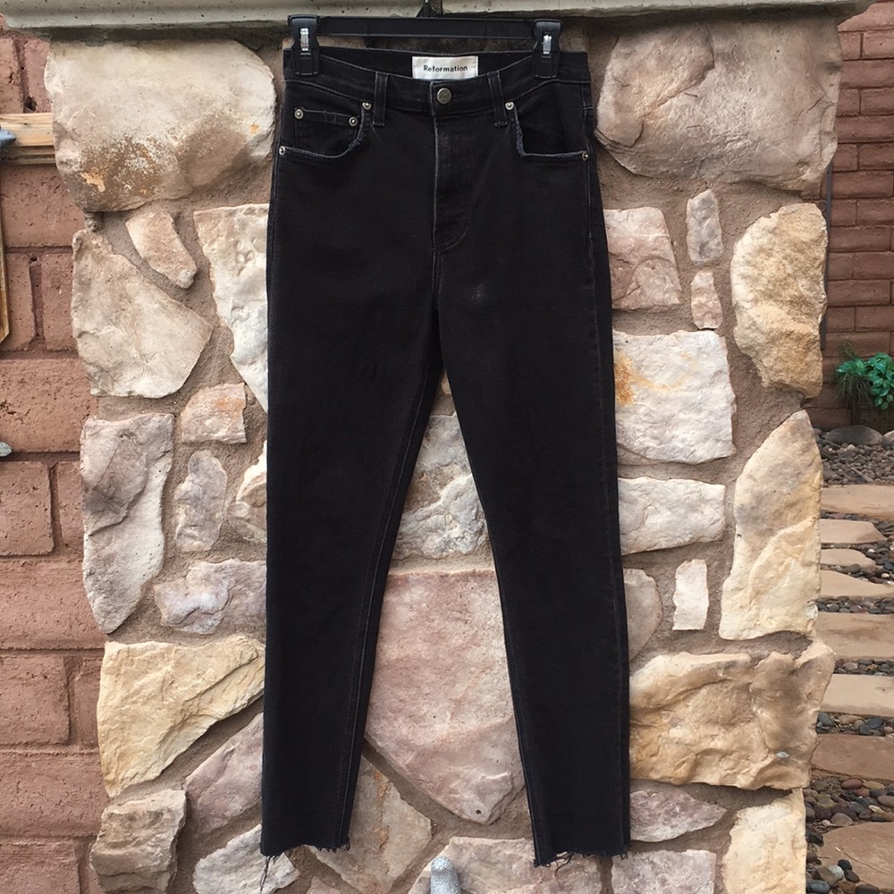 Reformation High and Slim Jeans Straight Leg Frayed Black Size 26